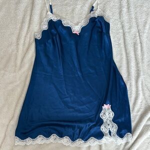 Victoria’s Secret Satin Slip Dress – Size Large | Navy Lace | Soft Glam |
